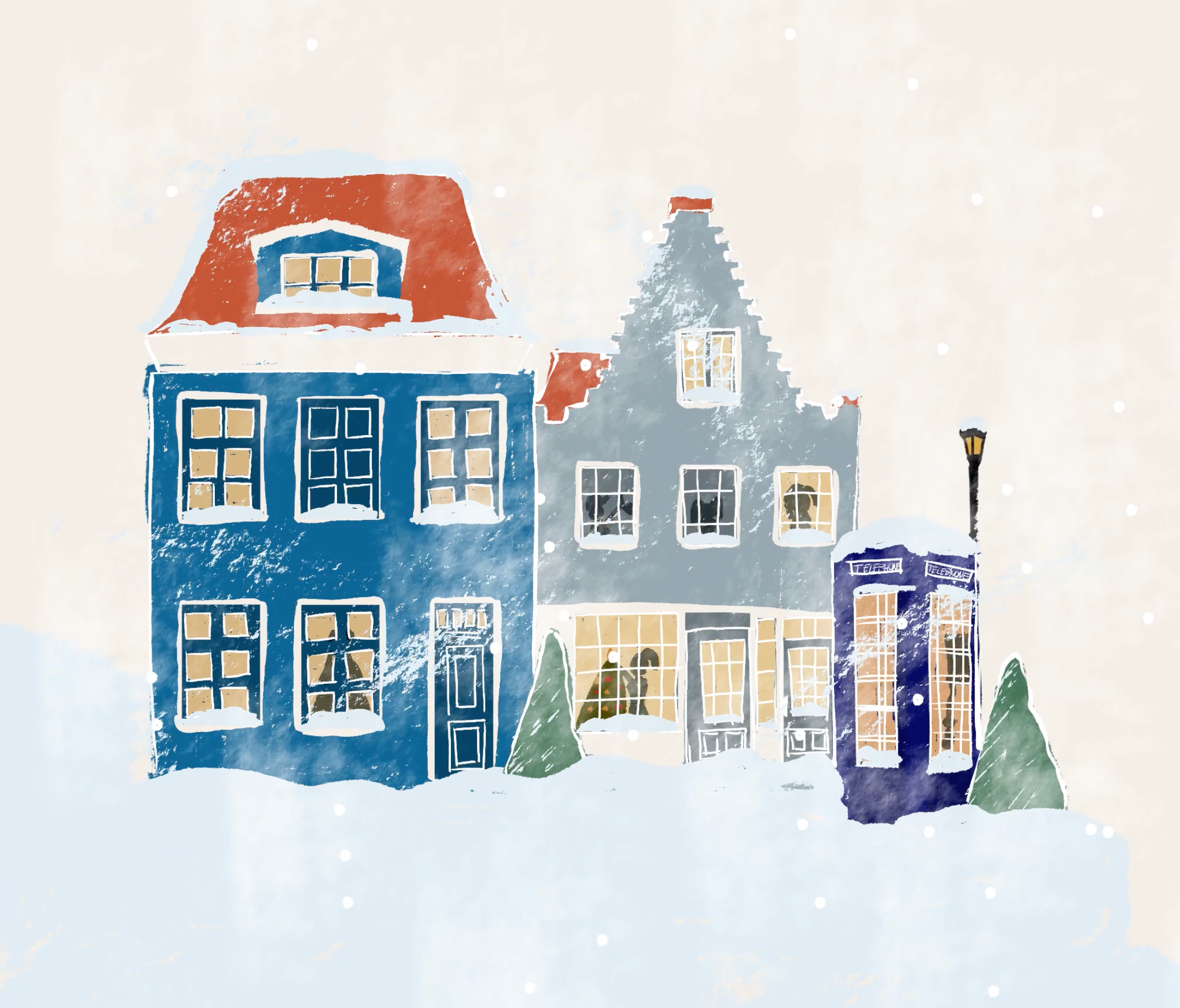 Video laden: Animatie in Adobe Fresco van een winters landschap, gekleurde huizen, sneeuwtorm